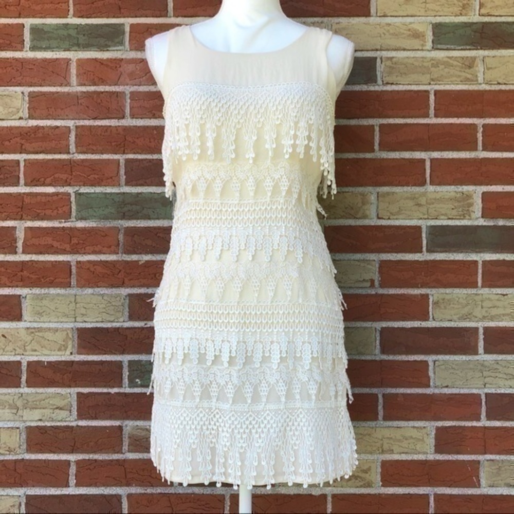 Dress the Population Crochet Chiffon Tiered Fringe Lace Cream Dress 👗